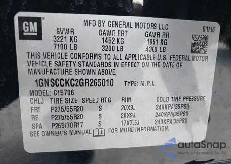 2016 Chevrolet Tahoe Ltz из США, поврежденный, VIN 1GNSCCKC2GR265010